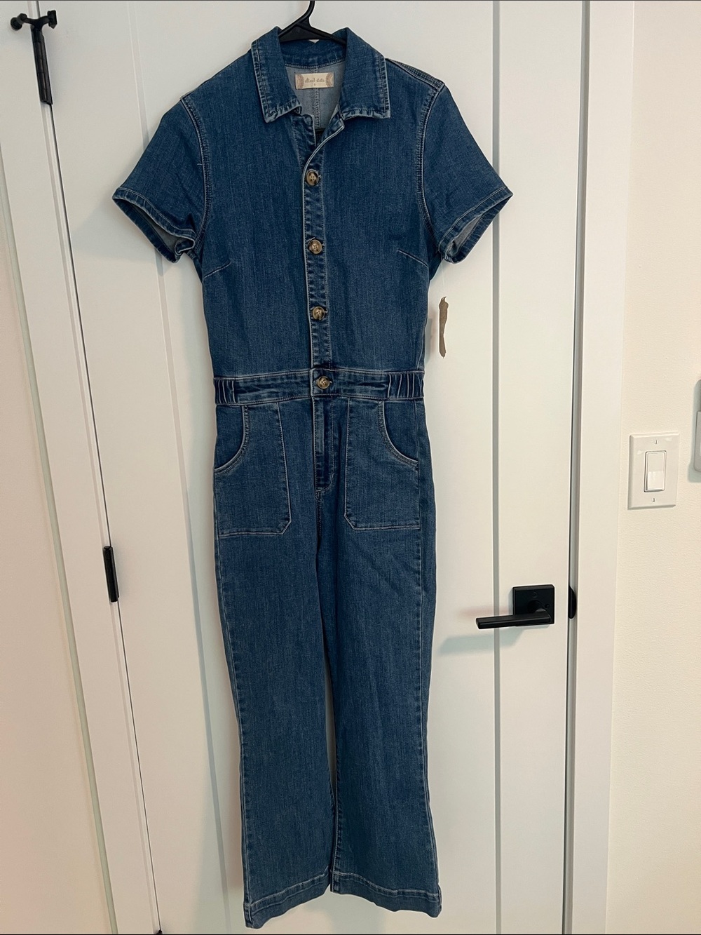 Altar'd State Dark Blue Denim Short-Sleeve Jumpsuit